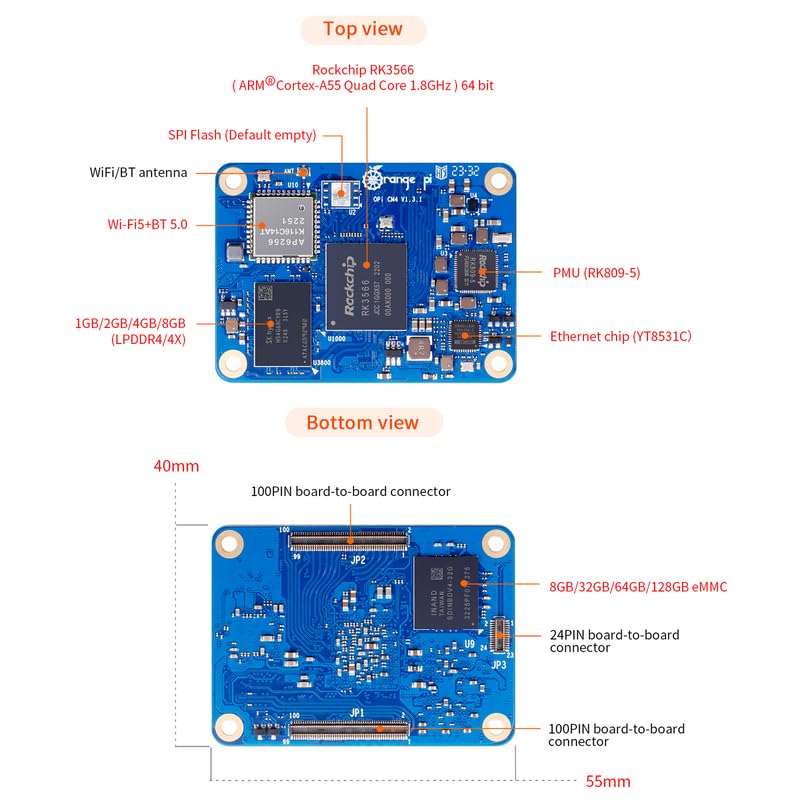 Orange Pi Compute Module 4 Kit 4GB+32GB, Rockchip RK3566 Quad-Core 64-Bit with Base Board,Orange Pi CM4 4GB RAM 32GB eMMC Flash,Support 2.4/5.0GHz Wi-Fi & Bluetooth 5.0 (CM44G32G+Base Board) CM44G32G+Base Board