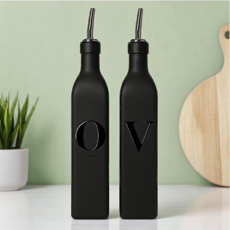 Olive Oil Dispenser Bottle Set, Oil and Vinegar Dispenser Set, Glass Oil Container, oil bottles for kitchen with Pourers and Funnel, 500ml | Set of 2 - Black