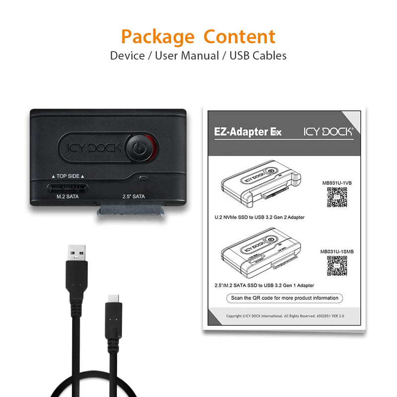 ICY DOCK 2.5” & M.2 SATA III HDD SSD to USB 3.2 Gen 1 (5Gbps) Hard Drive Docking Station Reader Adapter | EZ-Adapter MB031U-1SMB