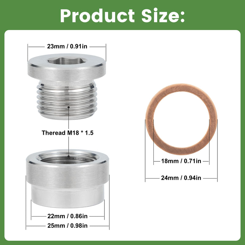 O2 Sensor Bung Weld in with Plug, 2 Set O2 Bung 304 Stainless Steel M18-1.5,Oxygen Sensor Bungs Plugs with Copper O-Ring for Automotive, Bike, Motocycle 2 Set Silver