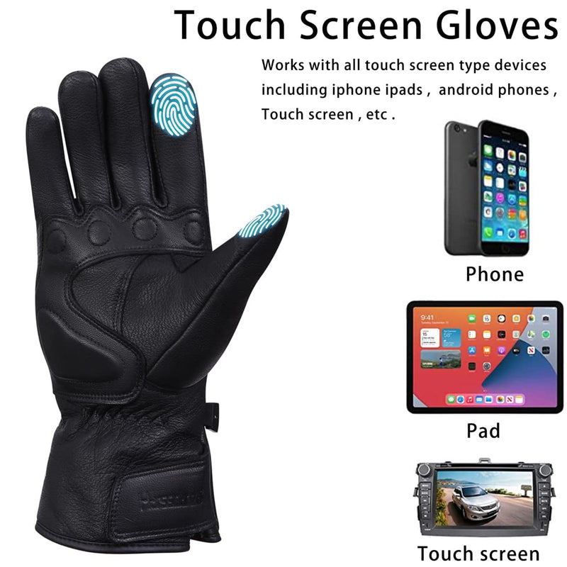 Harssidanzar Motorcycle Gloves for Winter,Mens Genuine Leather Full Finger TouchScreen Thermal Lined with Thinsulate Waterproof Motorcycles Motorbike Riding Gloves KM048,Black,Size XL X-Large Black