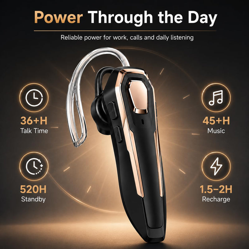 Gold Bluetooth Headset Single Ear Wireless Earpiece, 30H Talk Time, Dual MEMS Mics, Call Noise Reduction, Mute Button, USB-C, Voice Assistant, for Office Driving Cell Phones