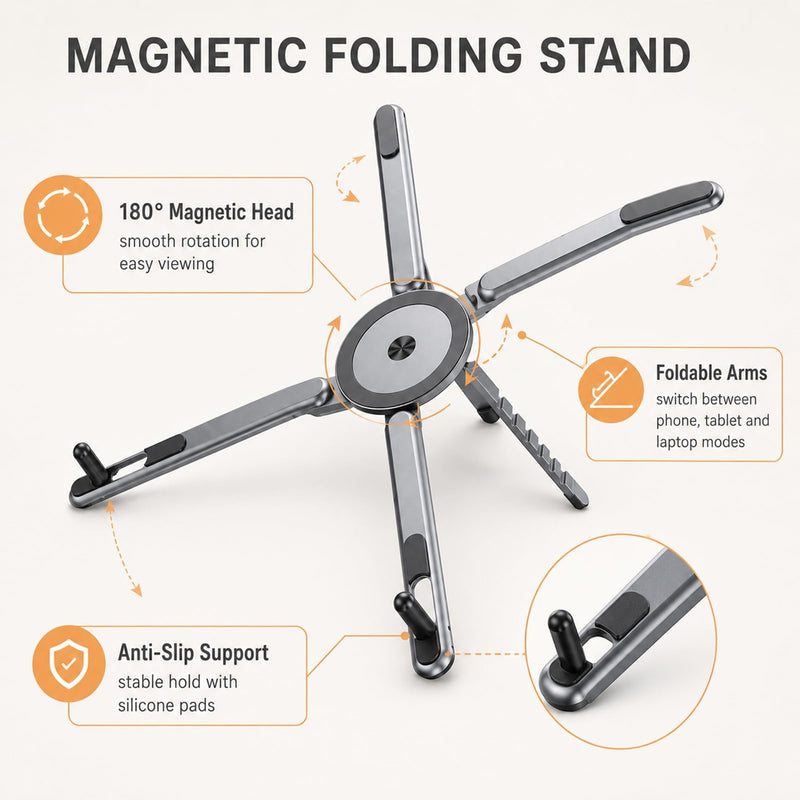 3 in 1 Magnetic Laptop Stand Foldable | For Phone Tablet Laptop 10-16 Inch, 8 Level Height Adjustable Computer Riser, ABS Plastic, Travel Desk Home Office Use