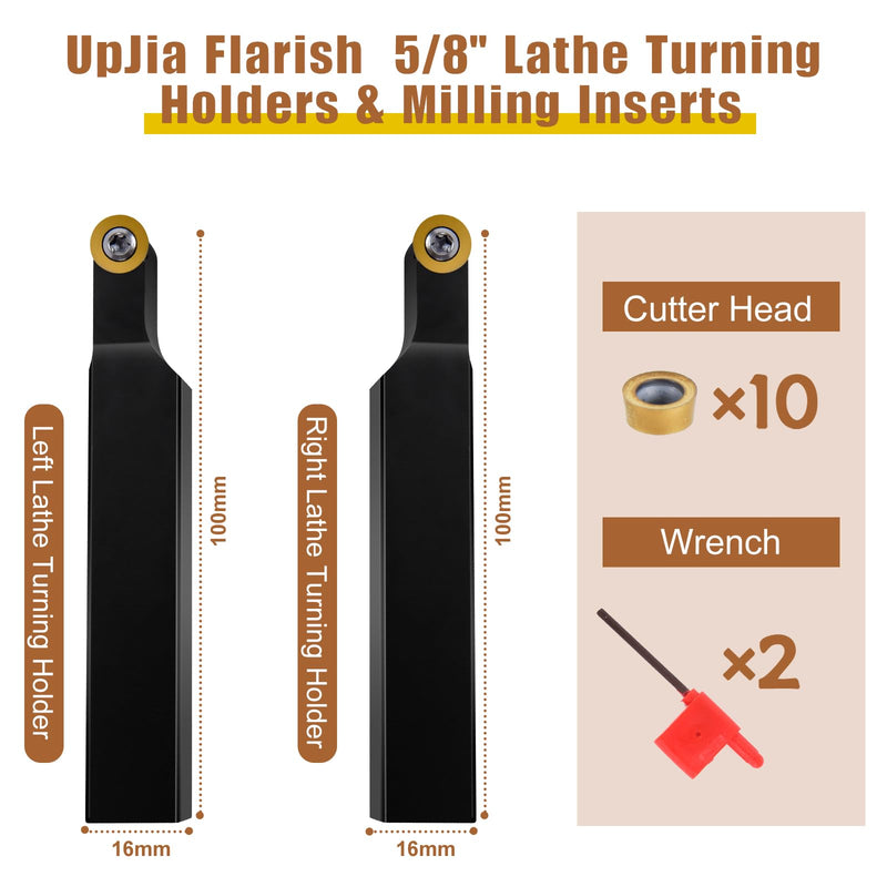 UpJiaFlarish Carbide Lathe Tool with Blade Holder - 5/8 inch SRAPR1616H10 & SRAPL1616H10 + 10pcs Carbide Inserts RPMT10T3 for Metal Lathe Cutting Tool circular 10