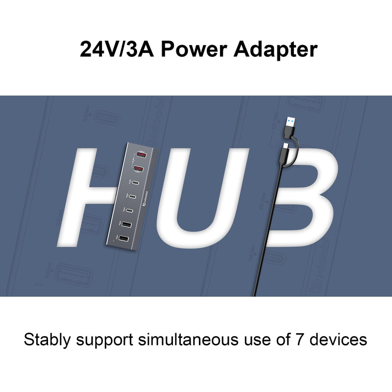 7 in 1 USB C Hub with 10Gbps Data Transfer, PD 45W & QC 18W Fast Charging | Ergonomic Tilt and Non-Slip Base, Powered USB Hub with 24V/3A Power Adapter for MacBook, PC and More(Gery) Gery 7 IN 1