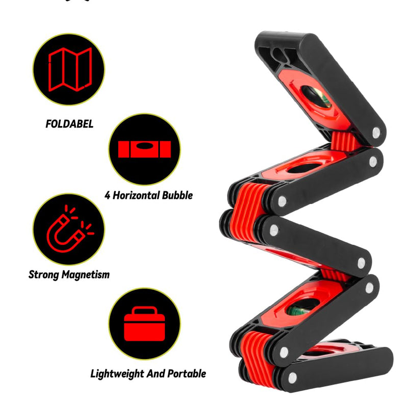 Folding Level, Multi-Angle Magnetic Level Ruler with 5 Hinged Sections, 4 Bubble Vials for 0°/45°/90° Reading, Compact Foldable Tool for Woodworking, Carpentry and DIY