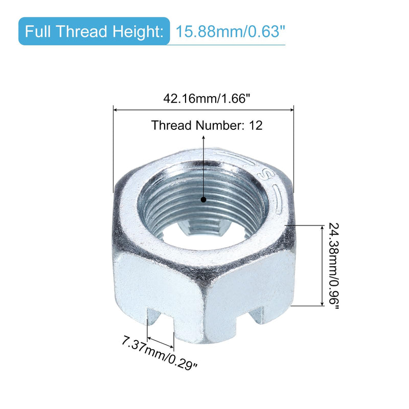 uxcell 1-1/8"-12 Hexagon Slotted Nut, Grade 6.8 Zinc-Plated Carbon Steel Hex Nuts Good for Machinery Repairing, Silver, 4Pcs 4