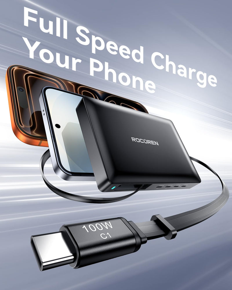 Rocoren 560W 8‑Port Ultra‑Thin USB‑C Station with Retractable Cable | 100W PD Fast Charger Hub, Multi‑Device Charging Block for MacBook Pro/Air, iPad, iPhone 17/16/15 & Samsung Devices