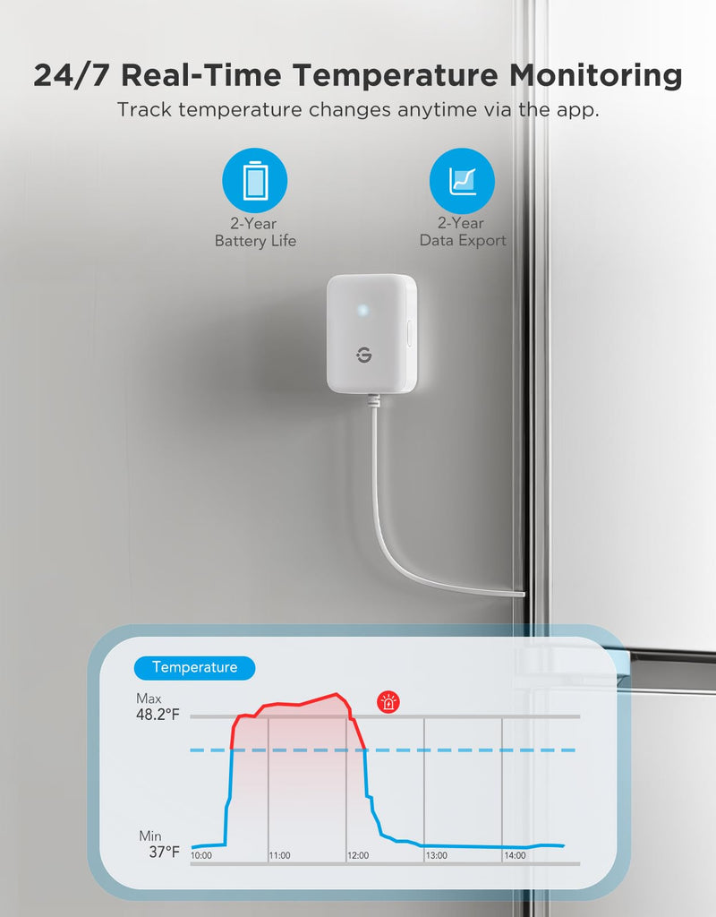 GoveeLife WiFi Refrigerator Thermometer with Alarm, Wireless Digital Freezer Temperature Gauge with App, 2 Years Free Data Export, for Home Kitchen Fridge Hot Tub 2 Pack（Only Support 2.4G Wi-Fi） 1 Gateway+2 Sensor