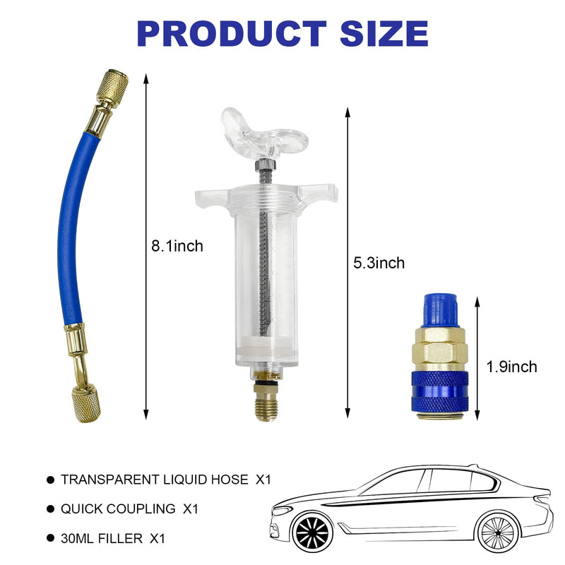 Oil and Dye Injectors Kit, 30ml/1 Oz Hand Push Oil Injector with Snap Quick Coupler 1/4" SAE Connector, Screw-in Manual AC Dye Injector Refrigerant Tools for Car HVAC System