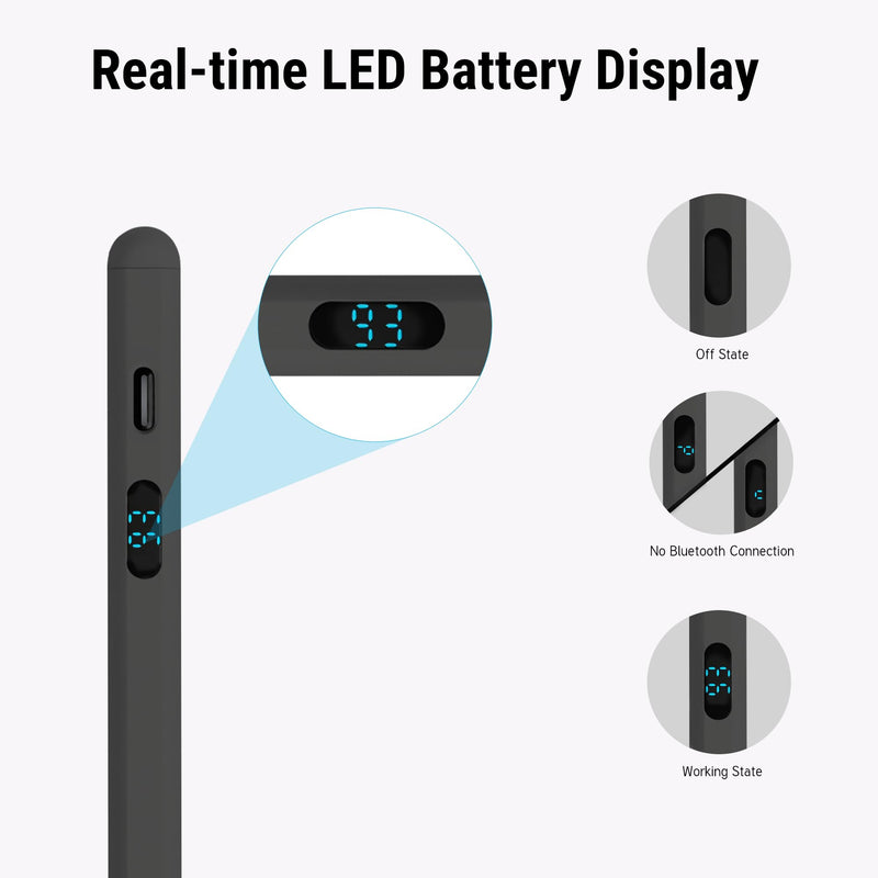 2-in-1 Stylus with LED Display | dual-mode active + capacitive, palm rejection, tilt, USB-C fast charge, no Bluetooth, 3 tips, for iPad iPhone Samsung Switch Black