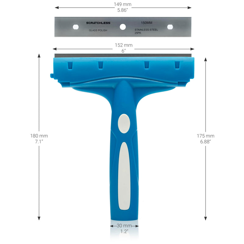 Glass Polish 6 inch (150mm) SCRATCHLESS Professional Scraper for Glass, Windows, Tiles and Any Smooth Surfaces - Comes Fitted with Stainless Steel Blade