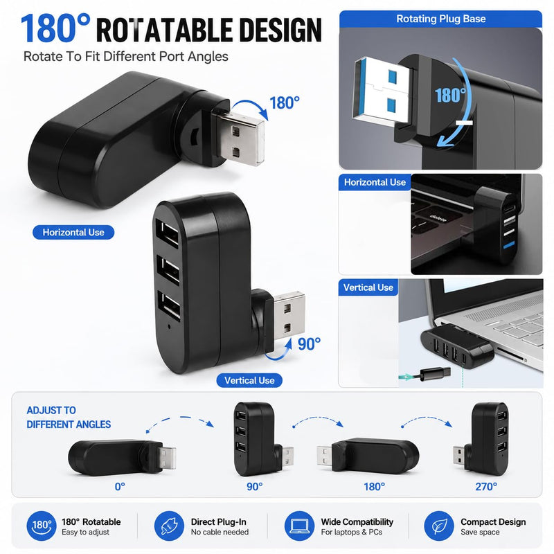 4-Port USB 3.0 Hub [90°/180° Degree Rotatable] | USB Splitter with PD-in 5W USB C Port, USB Extender for Laptop, Car, iMac, MacBook Air, MacBook Pro, and More