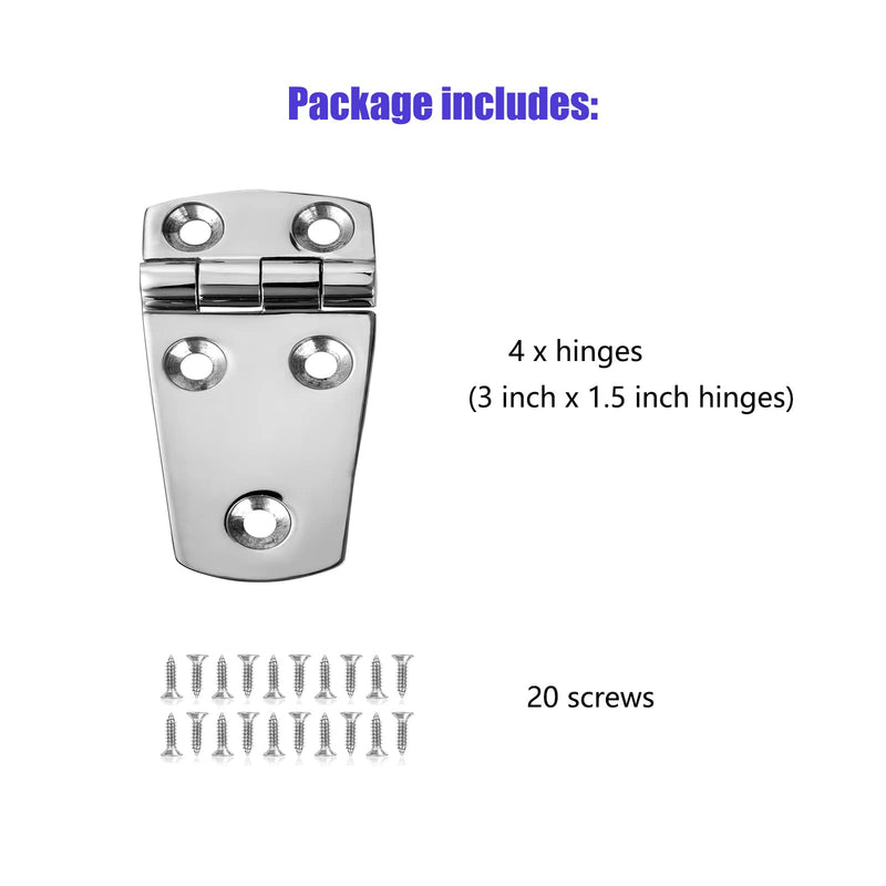 Marine Boat Hatch Hinges Stainless Steel, 3 inch x 1.5 inches(76 x 38mm) 5 Holes, No Noise, Heavy Duty 316 Stainless Steel with Screws (4 PCS) 3 x 1.5 inch（4 Pieces）