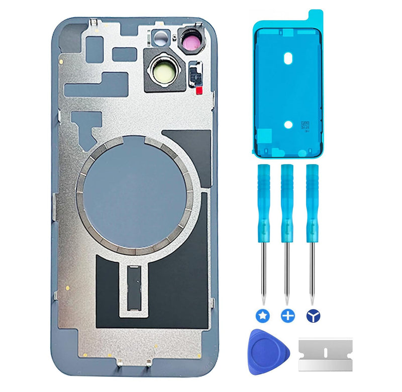 Original Back Glass Cover Battery Door Replacement & Waterproof Tape, Pre-Installed Camera Frame for iPhone 14 All Carriers Repair 14 Tool (Blue) Blue