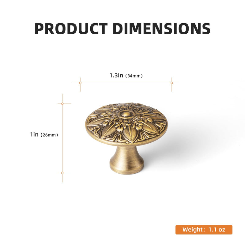 6 Pack Brushed Brass Bronze Cabinet Knobs, Vintage Mandala Drawer Pulls, Solid Zinc Alloy Retro Starburst Door Handles for Kitchen Cupboard, Dresser, Wardrobe, Bathroom Vanity Hardware