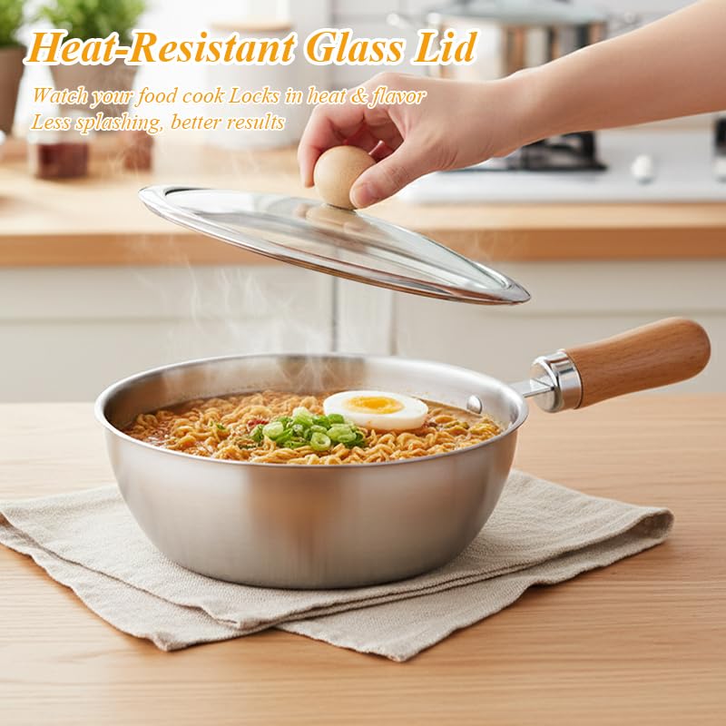 Korean Ramen Pot Set, 18/8 Stainless Steel Ramen Cooking Pot with Glass Lid, Coating-Free One-Person Dining Set, Wooden Handle Bowl, Fork Spoon Chopsticks&Sauce Dish, Safe for Gas Stove Glass Lid Pot