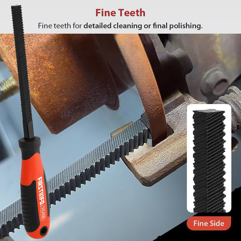 FIRSTINFO 4-Sided Brake Caliper File, Coarse/Fine Teeth, 9mm Width | CR-V steel | HRC 62-66 | 5.9" file length | Anti-slip surface | Cushioned grip | Made in Taiwan