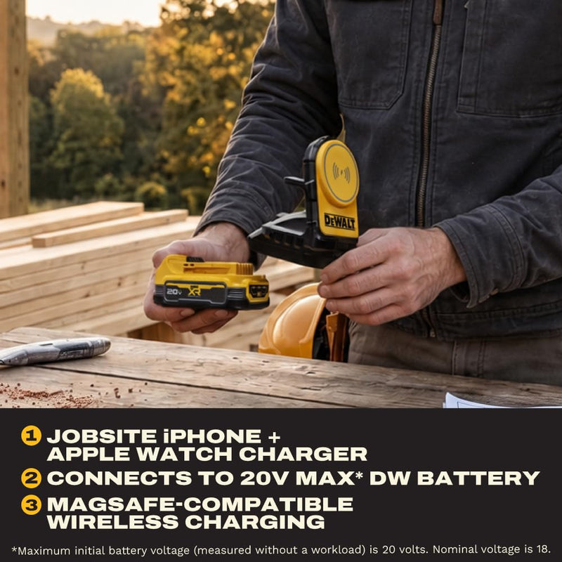 DEWALT 2-in-1 Magnetic Wireless Charger for Phone & Apple Watch – Compatible with 20V MAX Batteries, MagSafe Charging Stand, USB-C Powered, Portable Wireless Charging Station (Battery Sold Separately) 2-in-1 Charger