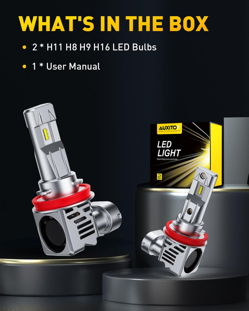  [AUSTRALIA] - AUXITO H11 LED Bulbs, 30000LM Per Set, 6500K Xenon White, Mini Size Wireless LED Light Bulbs, Pack of 2