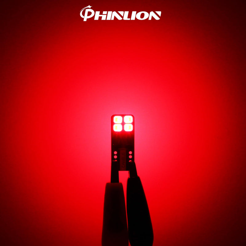 PHINLION Miniature T10 168 194 Red LED Bulbs, Super Bright 8-SMD Wedge 12961 2825 Automobile Lights for Car Interior Dome Map Door Courtesy License Plate Tail Lights, Pack of 4