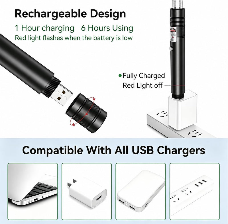 Green USB Rechargeable Laser Pointer, Single Beam, Removable Star Cap for Astronomy Green