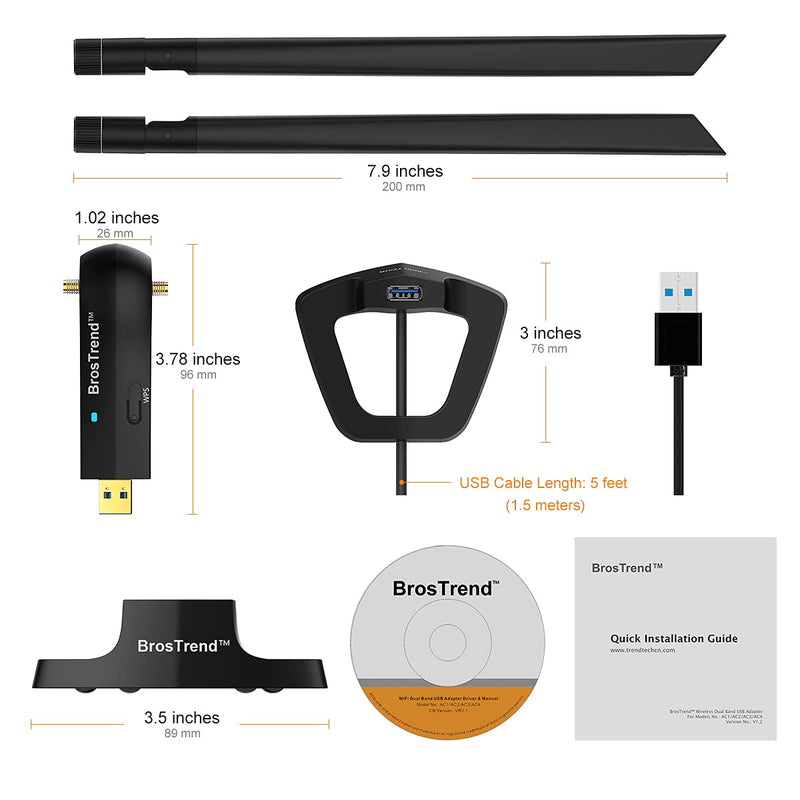 BrosTrend 1200Mbps Long Range USB WiFi Adapter for PC Desktop Laptop of Windows 11/10/8.1/8/7, Wireless Adapter Dual Band 2.4GHz 300Mbps + 5GHz 867Mbps, 2X 5dBi High Gain Antennas, USB 3.0 Cradle