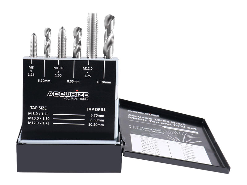 Accusize Industrial Tools HSS Tap and Drill Set, Metric, 18 Pc, 0001-0052 | 18 Pc HSS Tap and Drill Set, Metric, Taps: M2.5x0.45 to M12x1.75, Drills: 2.05 to 10.20 mm, Fully Ground