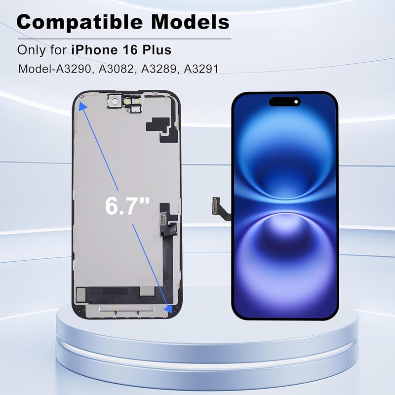 ZOETEC Screen Replacement for iPhone 16 Plus LCD, [Support Face ID], Retina Display 3D Touch Screen Digitizer Frame Assembly with Repair Tool Kits, Waterproof Adhesive, Tempered Glass