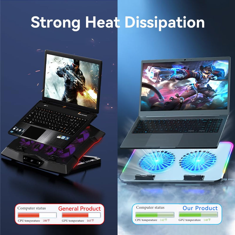 RGB Gaming Laptop Cooling Pad with Metal Panel, 2 Ultra Quiet Big Fans, 10 Lighting Modes, Phone Stand & 7 Height Adjustable Ergonomic Cooler for 10-15.6 Inch Laptops Silver