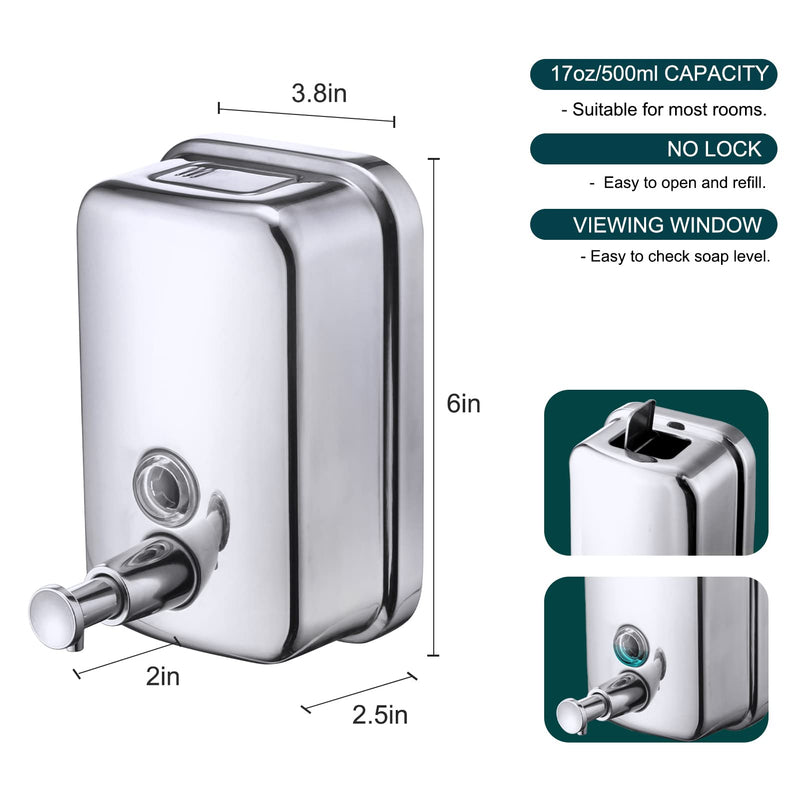 Commercial Soap Dispenser Wall Mount Stainless Steel Manual Liquid Pump Rust-Proof Leak Free for Bathroom (17 fl oz / 500ml) 17 fl oz
