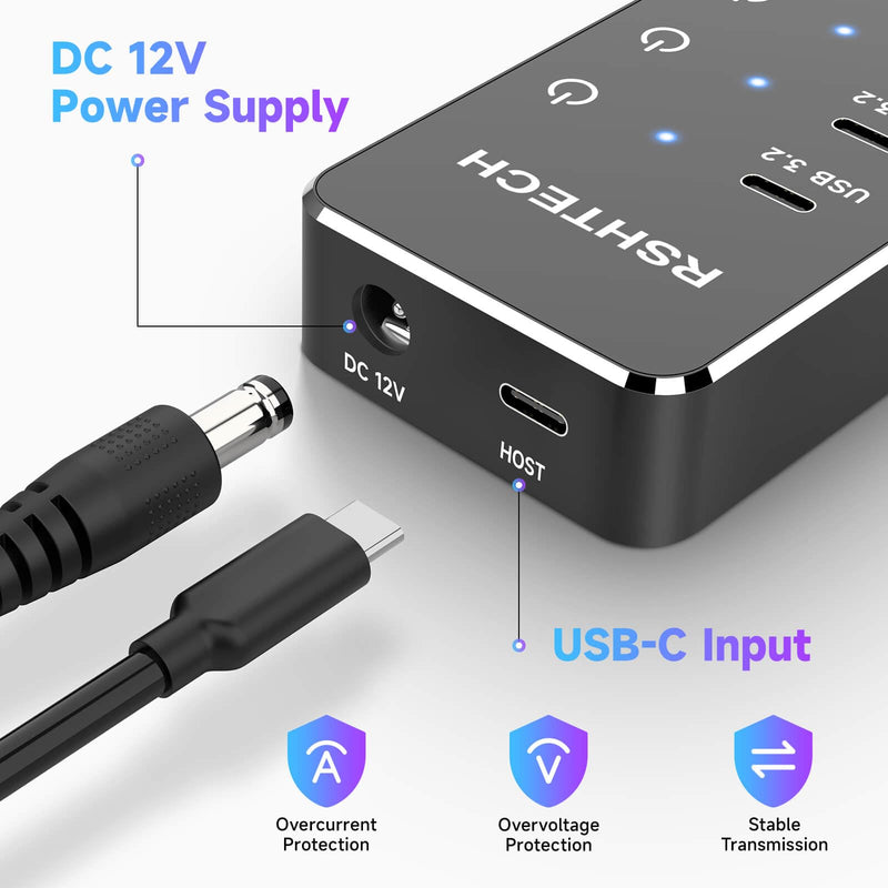 Powered USB Hub, RSHTECH 10-Port USB 3.2/USB C Hub 60W with 10Gbps USB-A 3.2, 2 USB-C 3.2, 7 USB 3.0 Ports, Individual Touch Switches and 3.3ft Cable, Hybrid USB Splitter for Laptop/PC, RSH-ST10C