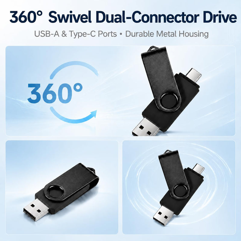 USB Flash Drive 256GB, 2-in-1 Type-C and USB-A Thumb Drive,256GB Swivel Design Memory Stick for Laptop, PC and Compatible Smartphones - Black