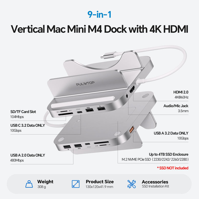 9 in 1 Mac mini M4 Dock with HDMI 4K & 4TB M.2 SSD Enclosure, Aluminum Vertical USB-C Hub Stand for Mac mini M4 Pro Hub, USB-A/C 10Gbps, 2xUSB-A 2.0, 3.5mm Audio, SD/TF (SSD NOT Included)