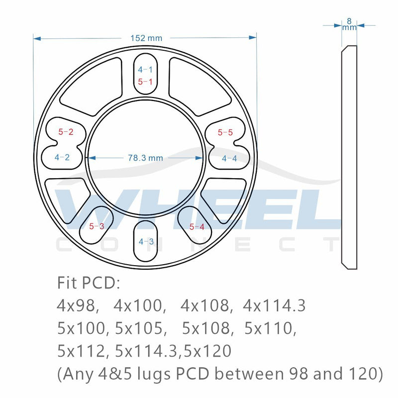 WHEEL CONNECT Universal Wheel Spacer,8mm Thickness(5/16inch),Fit Bolt Pattern 4x98, 4x100, 4x108, 4x114.3, 5x100, 5x105,5x108, 5x110, 5x112, 5x114.3,5x120, Cast Aluminum, Pack of 2. 4 or 5 lugs Universal - 8mm(5/16inch)