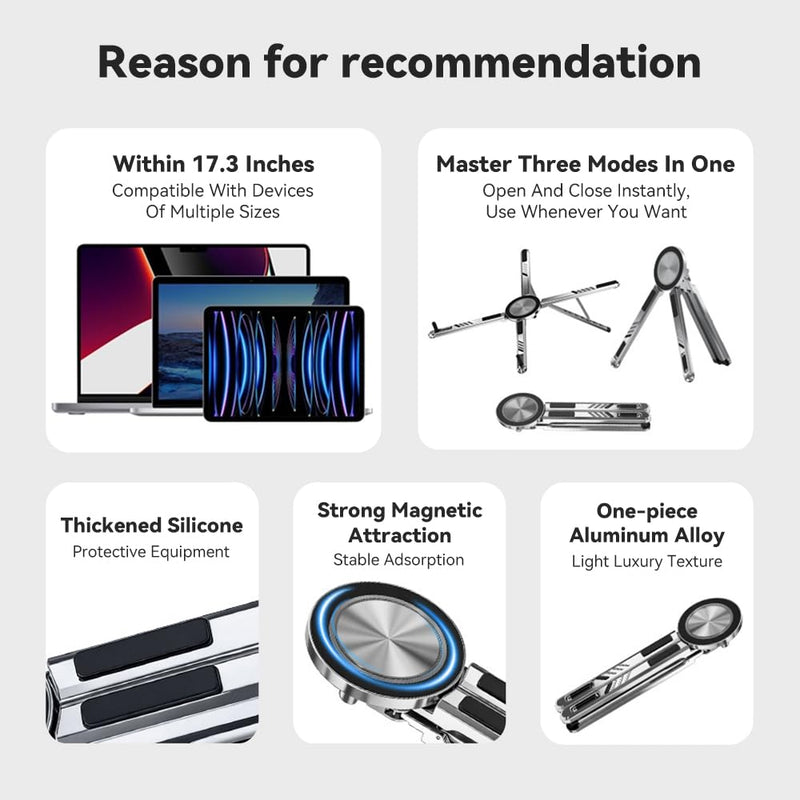 Portable Laptop Stand, Aluminum Foldable Adjustable Laptop Lifter with Magnetic Phone Stand, Compatible with 10-16 inch laptops, 4-13 inch Phones, and Tablets，(Grey)