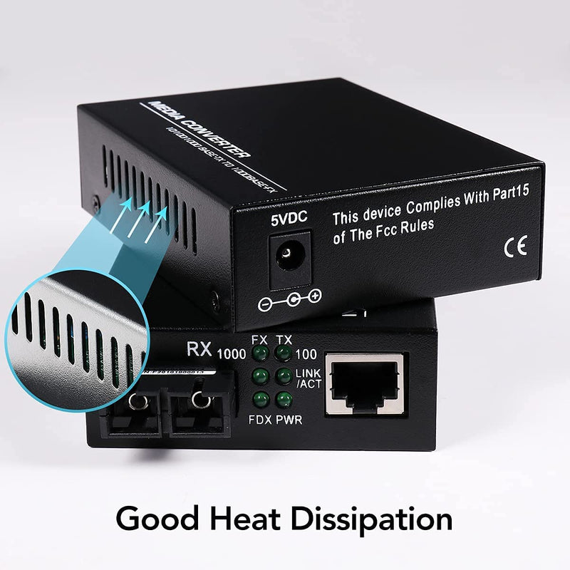 A Pair 2 Pack Multi-Mode Dual SC Fiber Gigabit Fast Ethernet Media Converter, Mini 1x 10/100/1000Base-T RJ45 to 1000Base-SC Slot Converter Transceiver, up to 2KM 850-1310-nm, AC 100V~240V Multi-Mode SC Dual Port