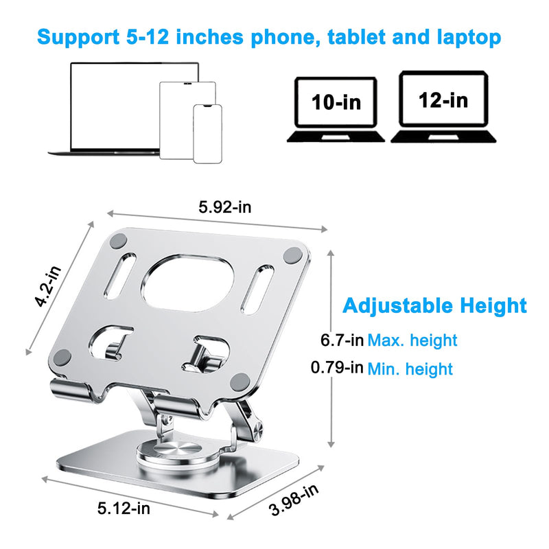 DCHAV Foldable Adjustable Drawing Tablet Stand for Desk iPad Holder Laptop Computer Riser 360 Rotating Ergonomic Aluminum Raised Table for Portable Monitor Phone 5-12 Inch Notebook, Silver
