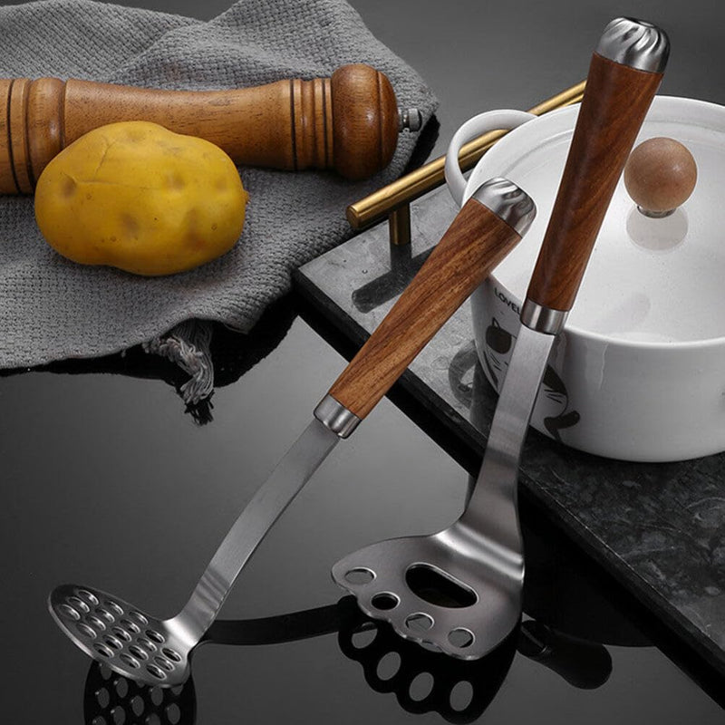 GANAZONO Stainless Steel Potato Masher with Wooden Handle - Manual Mini Masher for Smooth Mashed Potatoes and Vegetables - Kitchen Tool for Baby Food and Cooking 23.00X5.90X5.90CM Style 1