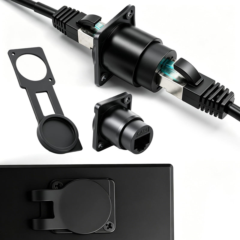 2 Pack Passthrough Rj45 Connectors Dc Power Extension Cable | RJ45 CAT6 Panel Mount Adapter, Ethernet Pass-Through Connector, D-Type Panel Mountable with Waterproof Cover Screw(Black)