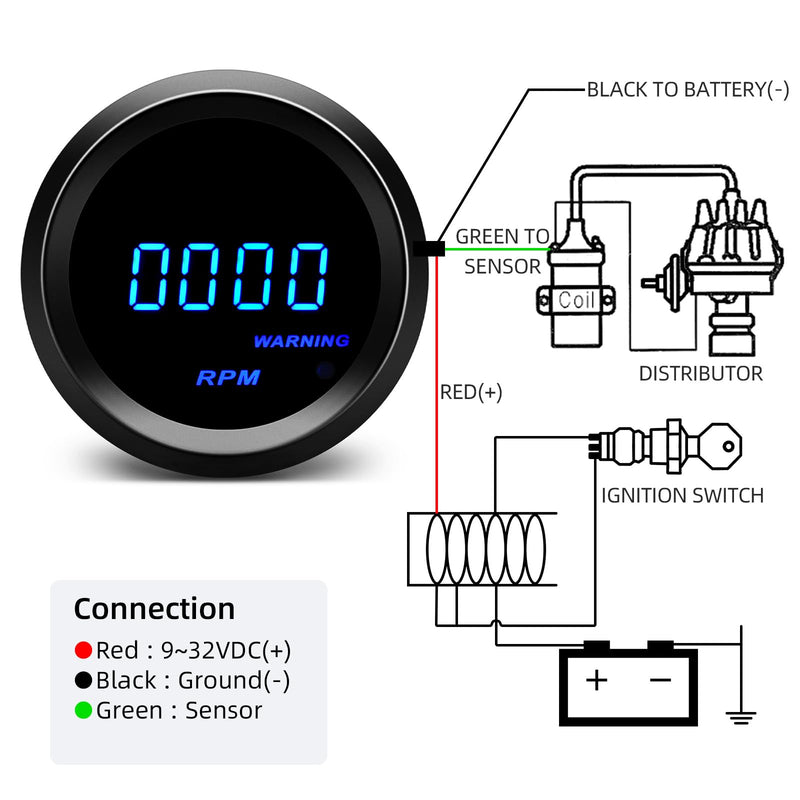 2" 52mm Tachometer Blue Digital LED Tacho Gauge for 12V Car AUTO 4 6 8 Cylinder (Black) Black