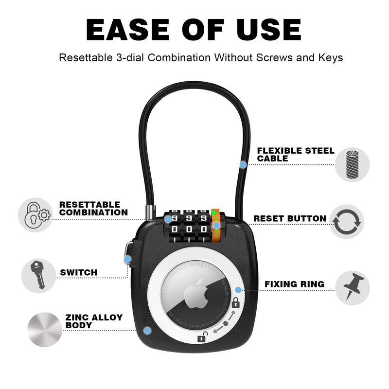 Airtag Keychain Holder with 3 Digit Combination Lock for Luggage, Suitcase, Backpack, Lockers, Travel Luggage Locks, Resettable Cable Lock with Zinc Alloy Body(Black) Black