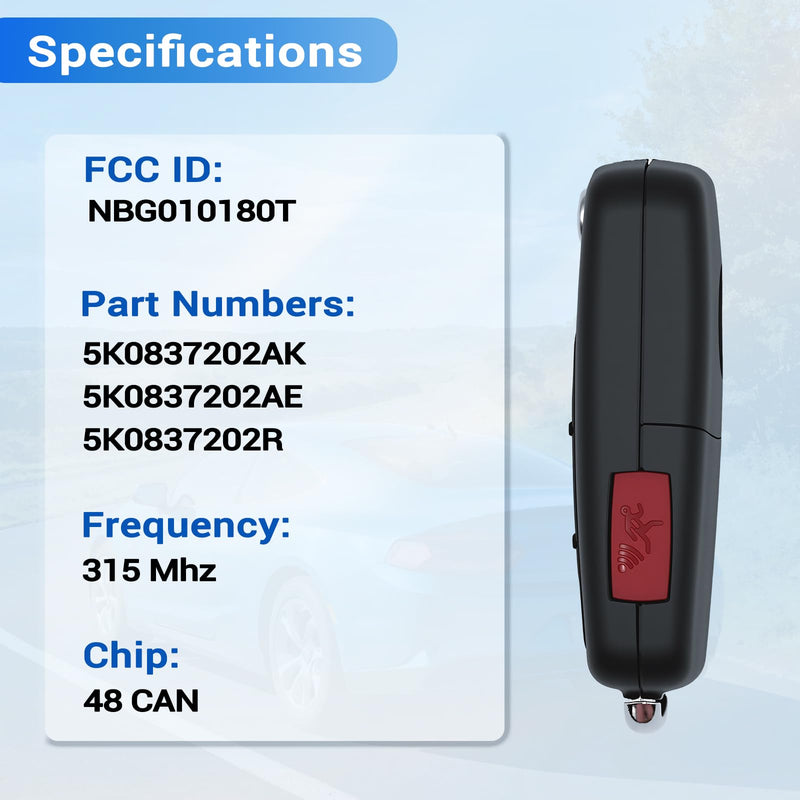 Key Fob Fit for Volkswagen Beetle 2012-2016 VW CC Eos Golf GTI Jetta Passat | Fits for VW Tiguan Touareg 2011 2012 2013 2014 2015 2016 Car Keyless Entry Remote Control NBG010180T 315 MHz