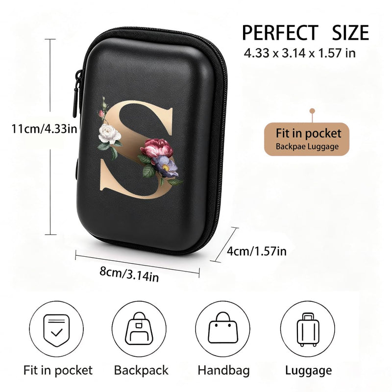 Letter And Flower Print Hard Shell Electronics Organizer, Shockproof Carrying Case for Cables, Earphones, Chargers, Ideal Gift for Travel & Daily Use，4.33 * 3.14 * 1.57 inch/SNB03-S Black-S