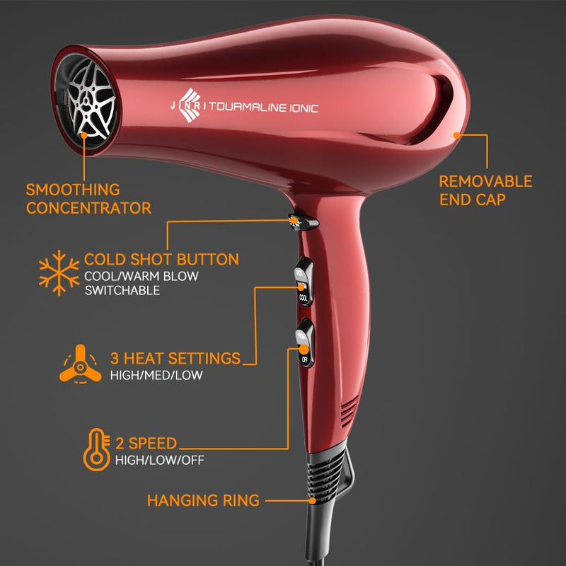 Hair Dryer - JINRI Powerful Blow Dryer, Ionic Frizz-Control, Fast Drying, Professional and Lightweight, 3 Heat & 2 Speed Settings, Red