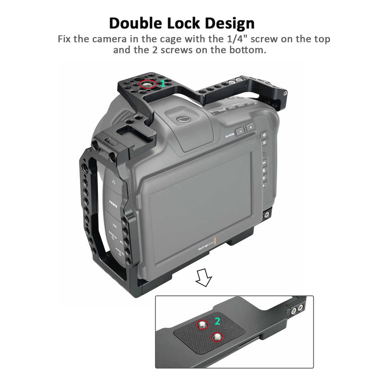 BMPCC 6K Pro Cage Rig for Blackmagic Design Pocket Cinema Camera 6K Pro & G2, with Rubber Top Handle, T5 SSD Mount Clamp -579 cage + rubber top handle + T5 holder
