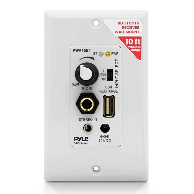 Pyle Wireless BT Receiver Wall Mount - 100W In-Wall Audio Control Receiver w/ Built-in Amplifier, USB/Microphone/Aux (3.5mm) Inputs, Speaker Terminal Block, Connect 2 Speakers, White - Pyle PWA15BT