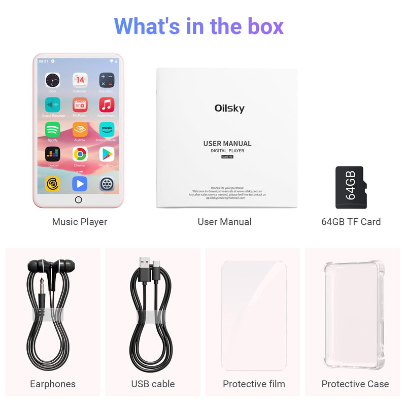 80GB MP3 Player with Bluetooth and WiFi, Oilsky 4.0" IPS Touch Screen MP3 Player with Speaker, Music Player with Spotify, Audible, Amazon Music, MP4 Android Music Player Up to 512GB Pink