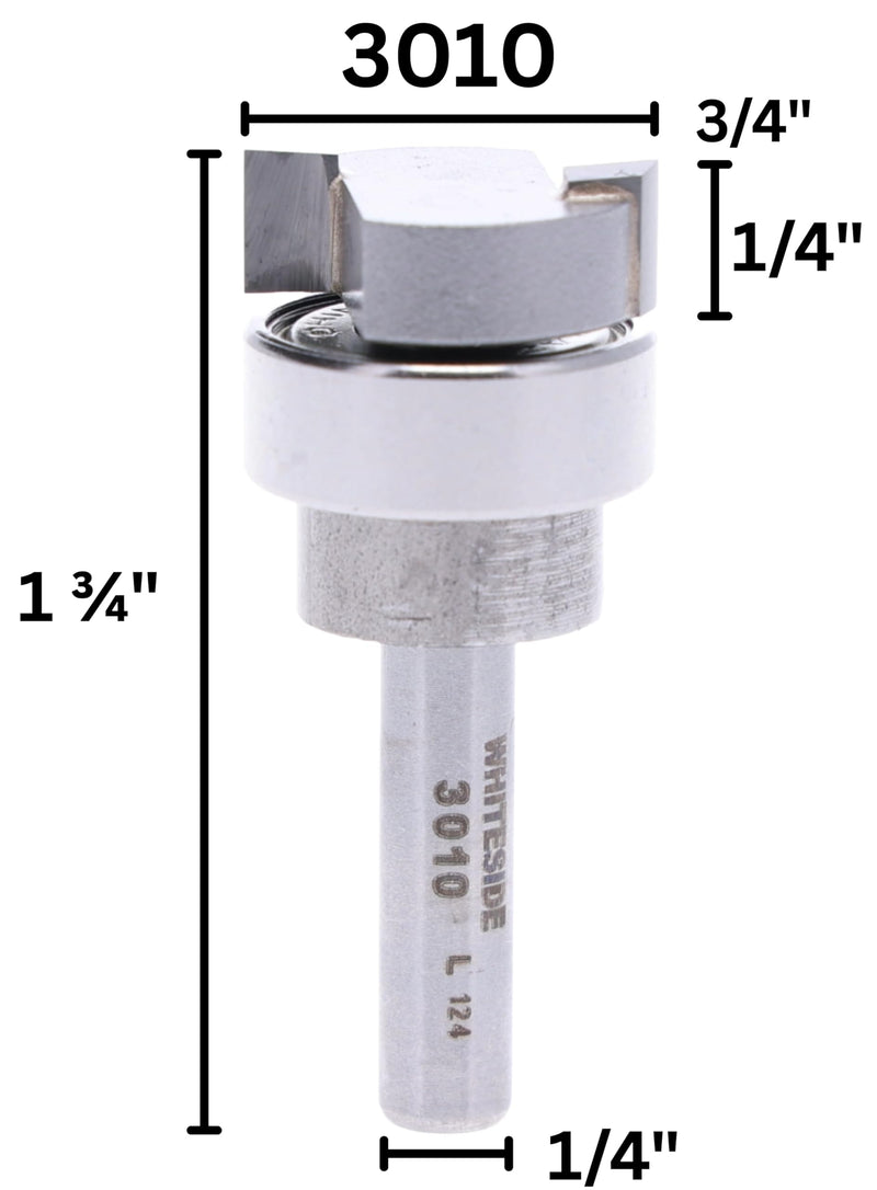 Whiteside 3010 Template Dado Cleanout Straight Router Bit: 3/4 Inch Cutting Diameter, 1/4 Inch Shank, 1/4 Inch Cutting Length, B4 Ball Bearing