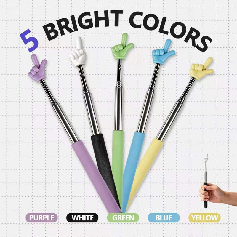 Telescopic Teacher Pointer Stick, 5 Pack Colorful Retractable Finger Hand Pointer, Extendable Pointing Stick for Classroom, Office & Home